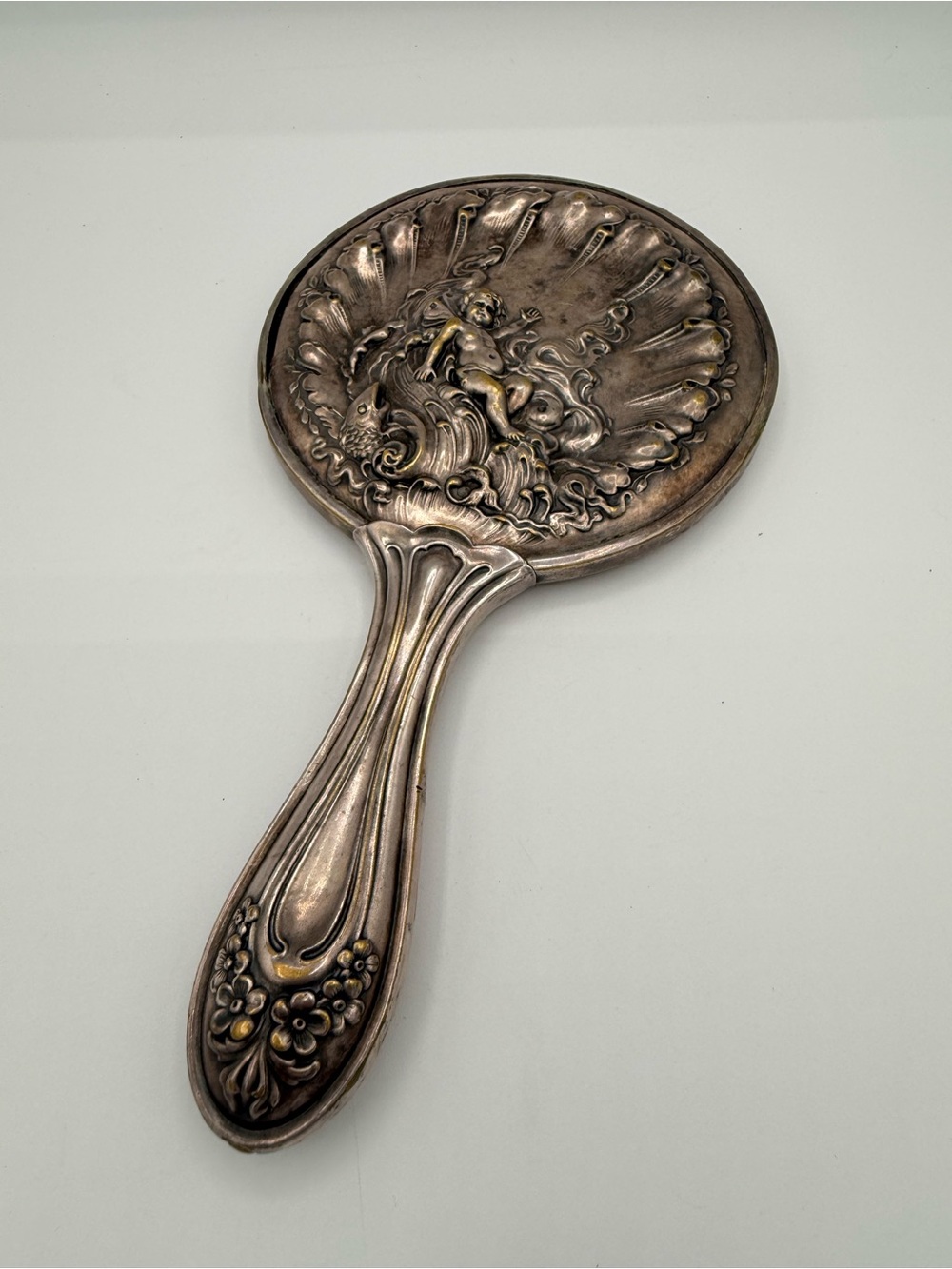 Antique Art Nouveau Repousse Hand Mirror Cherub Riding Waves Sea Shell Ornate